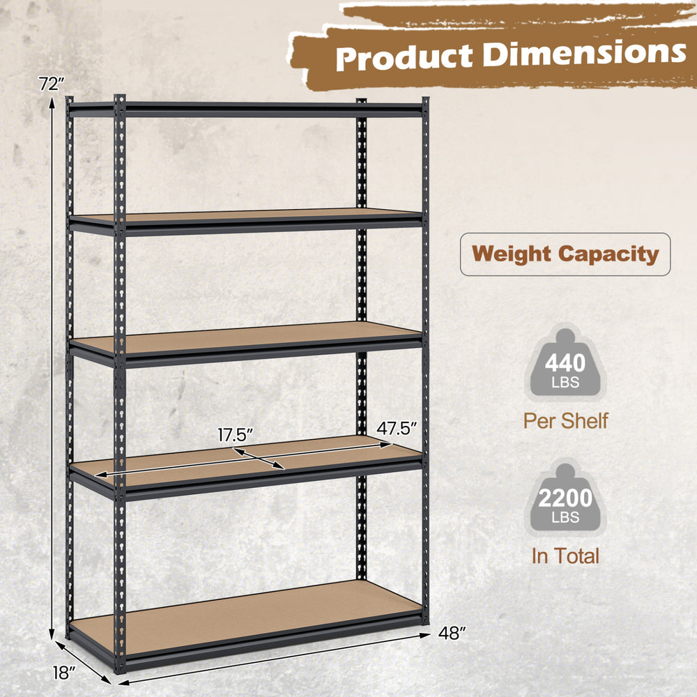 5-tier garage shelving unit with adjustable MDF shelves, rustproof metal frame, and 2200 lbs total capacity for.
