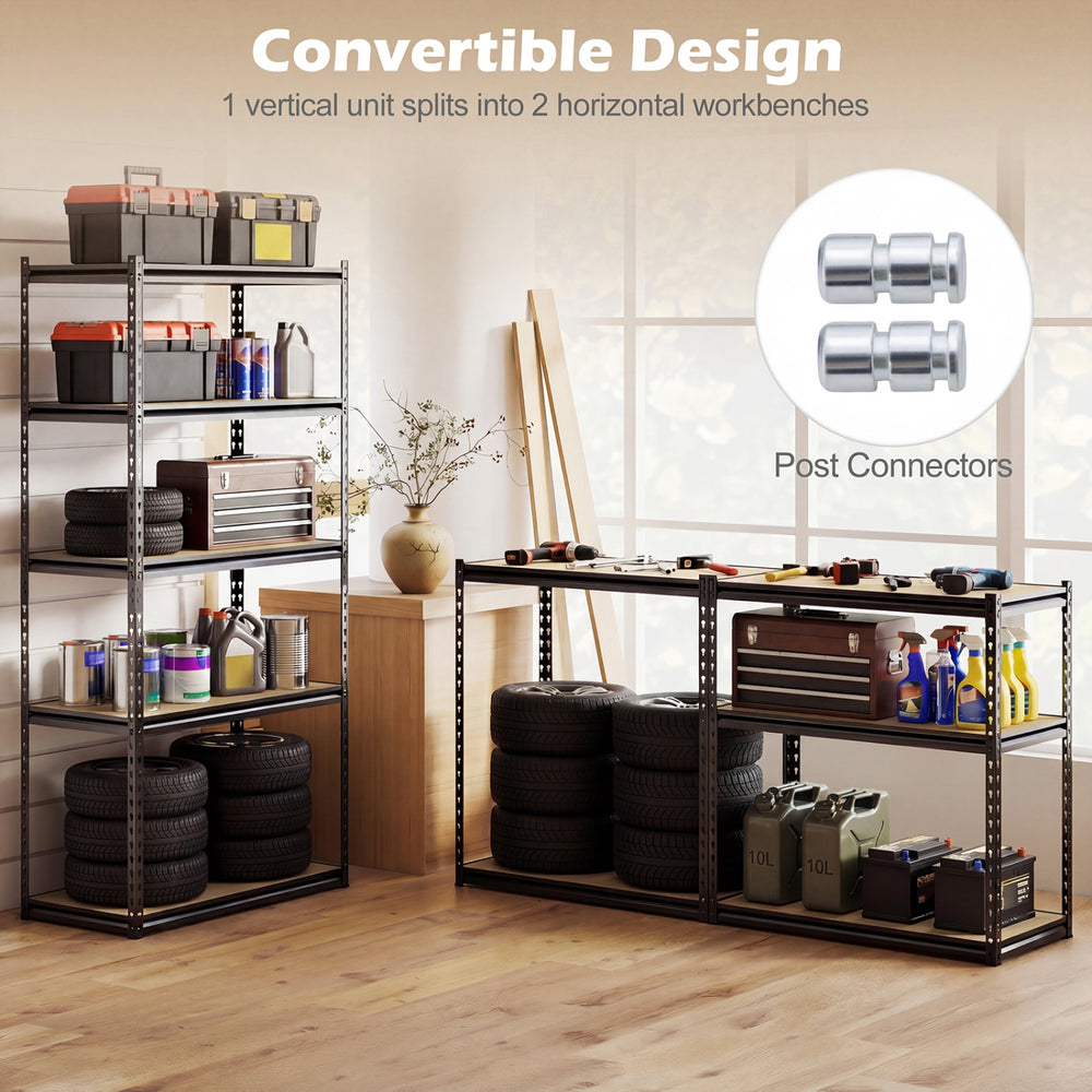 5-tier garage shelving unit with adjustable shelves, durable metal frame, and convertible design for versatile storage.