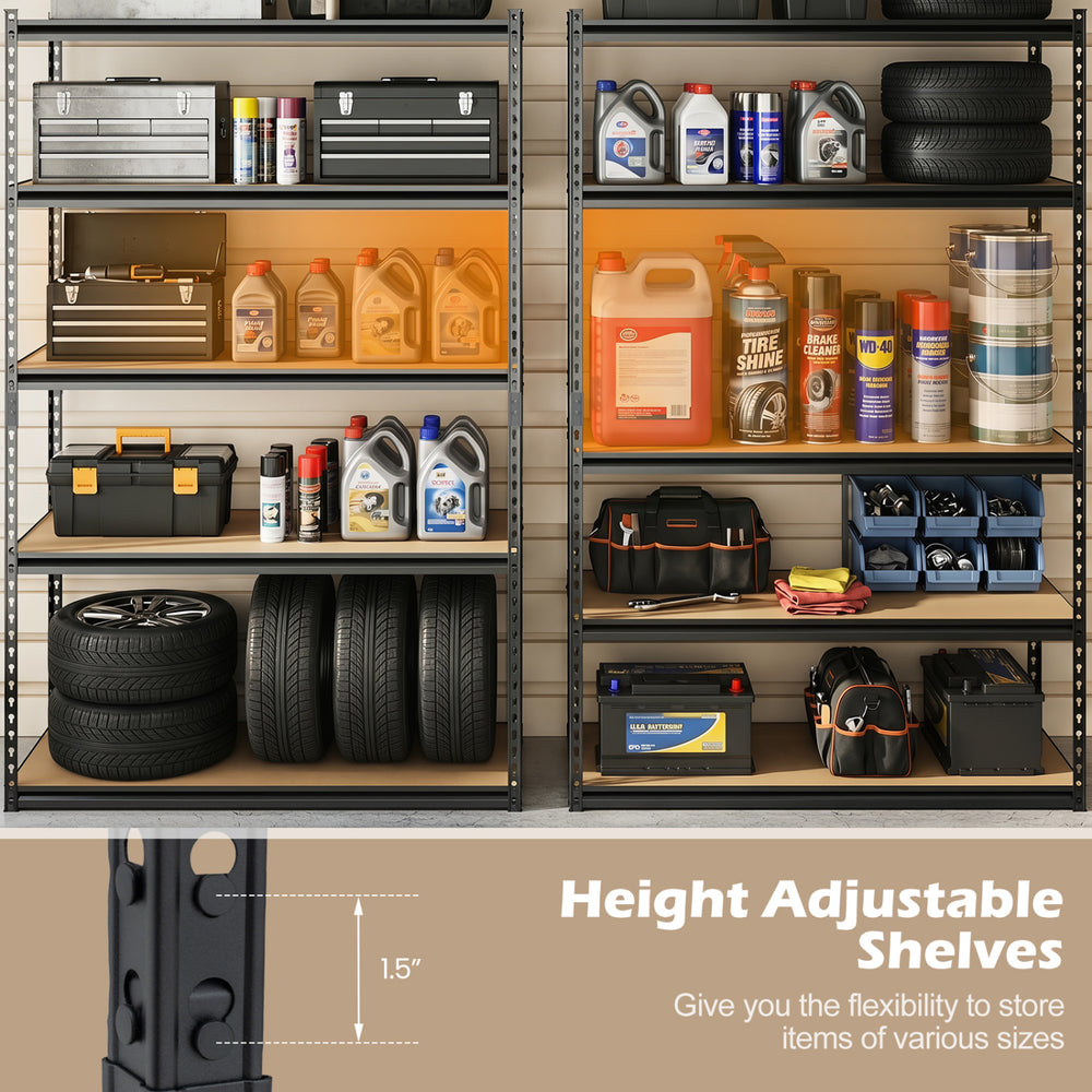 5-tier garage shelving unit with height-adjustable shelves, sturdy MDF boards, and rustproof metal frame for versatile.