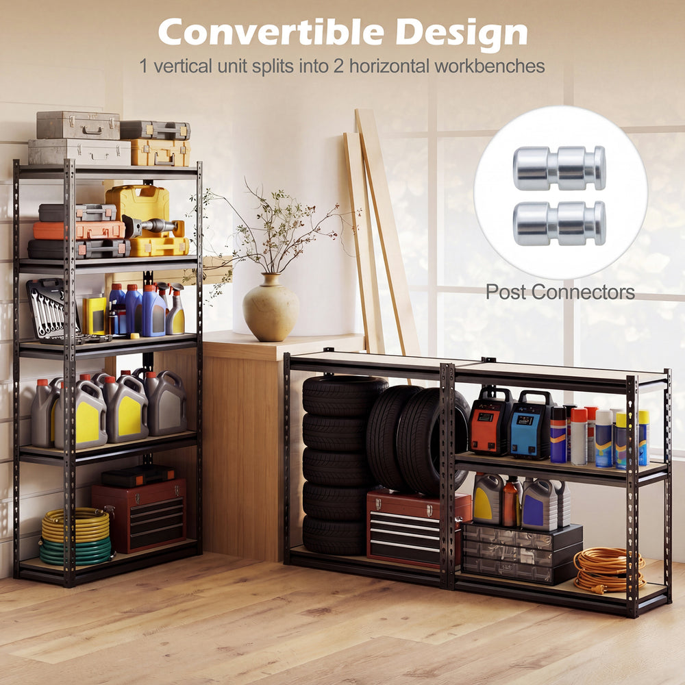 5-tier heavy-duty metal shelving unit with convertible design, showcasing storage for tools and supplies in a garage.