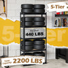 5-tier garage shelving unit with heavy-duty metal frame, holding tires, supports 2200 lbs total for versatile storage.