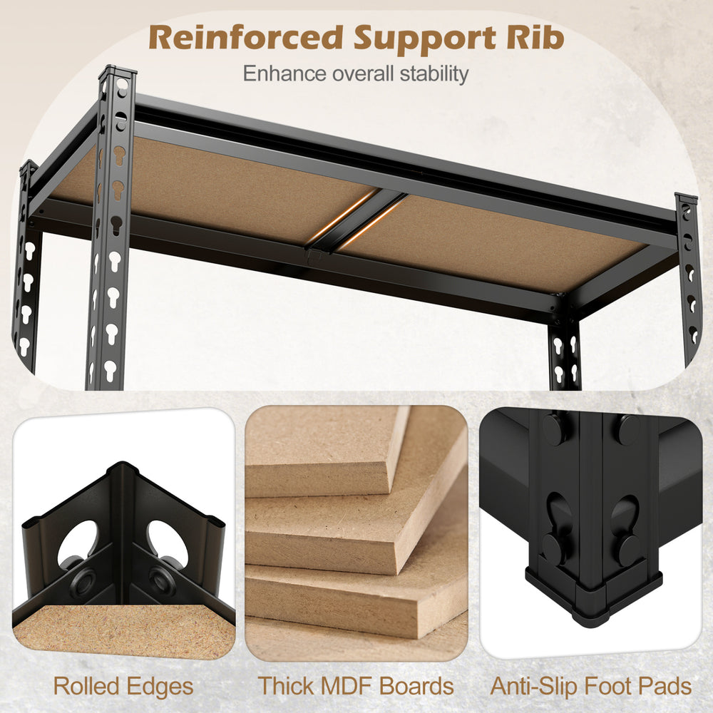 5-tier garage shelving unit with thick MDF boards and reinforced support rib for heavy-duty storage and stability.