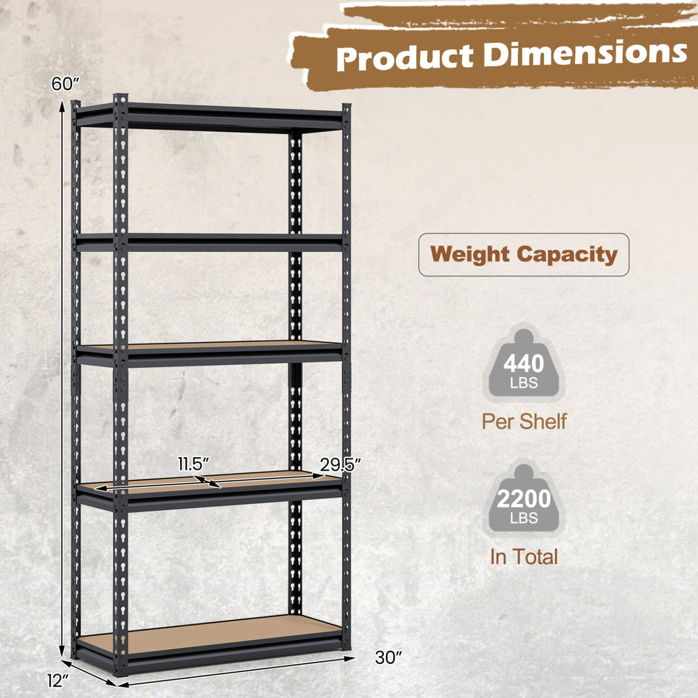 5-tier garage shelving unit with adjustable shelves, heavy-duty metal frame, holds 2200 lbs total, ideal for storage.