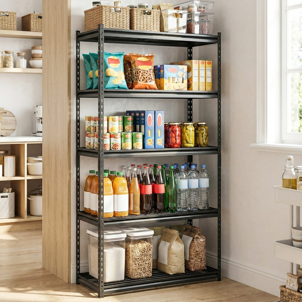 5-tier heavy-duty metal shelving unit with adjustable wire racks, ideal for kitchen storage and organization.