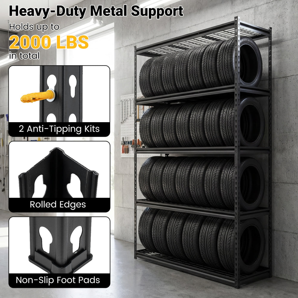 5-tier heavy-duty metal shelving unit with adjustable wire racks, holding up to 2000 lbs, ideal for garage or warehouse.