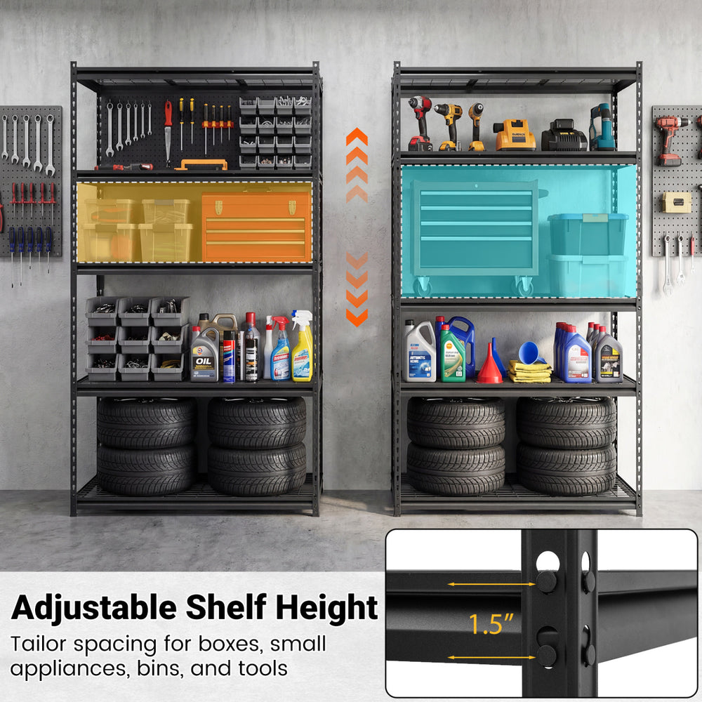 5-tier heavy-duty metal shelving unit with adjustable shelves, ideal for garage and storage organization.