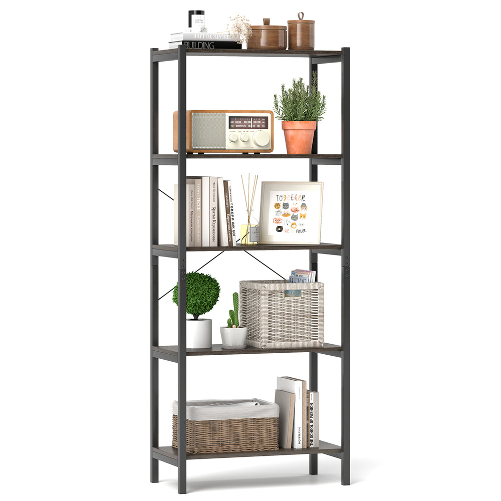 5-tier industrial bookshelf with gray metal frame, featuring ample storage for books and decor in a minimalist design.