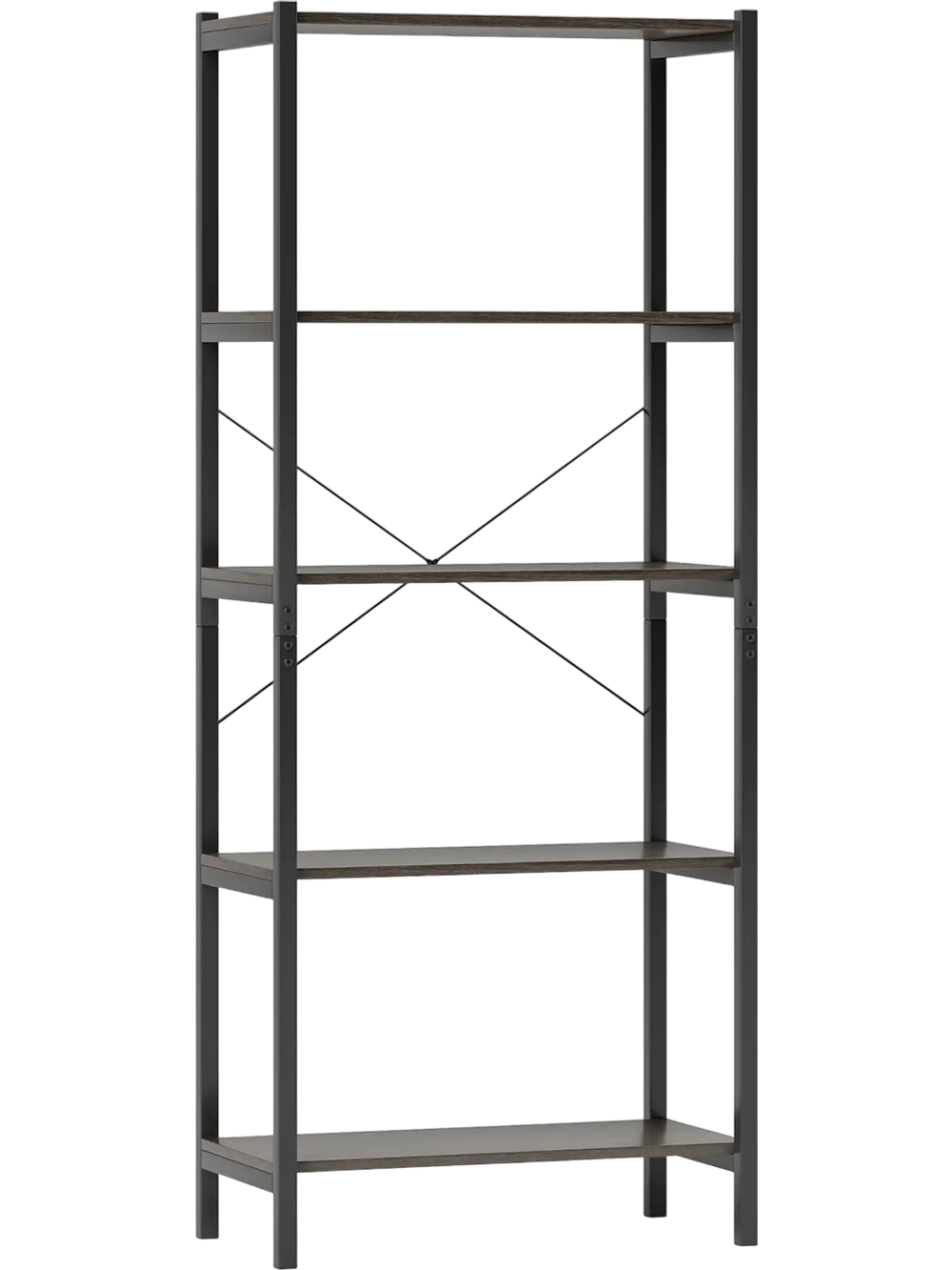 5-tier industrial bookshelf with gray metal frame and wide shelves, perfect for living room or office storage.