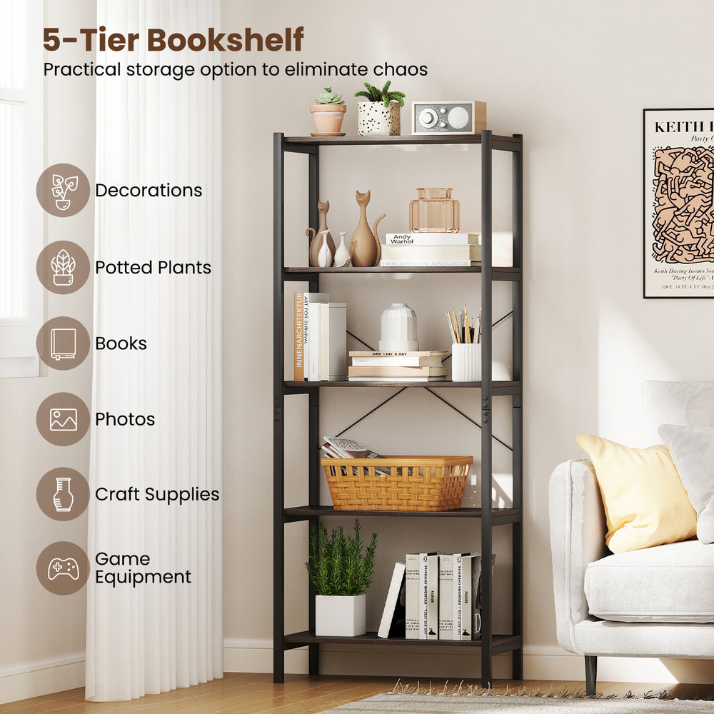 5-tier industrial bookshelf with gray metal frame, ideal for books and decor in living room or office settings.