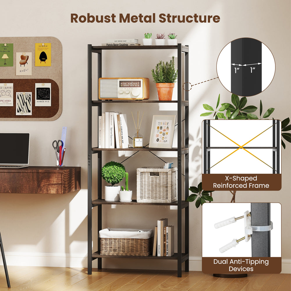 5-tier industrial bookshelf in gray with a metal frame, featuring ample storage and anti-tipping devices for stability.