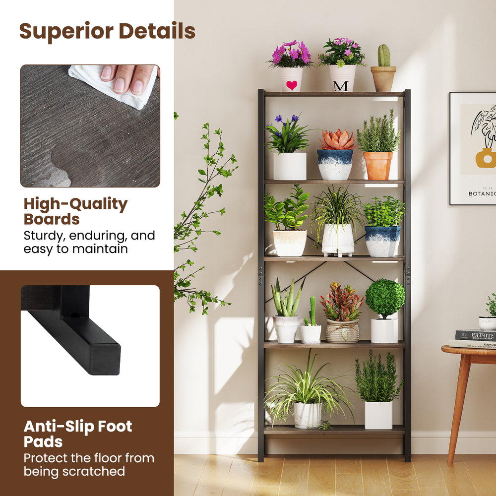 5-tier industrial bookshelf with gray metal frame, featuring wide shelves for books and decor, ideal for living spaces.