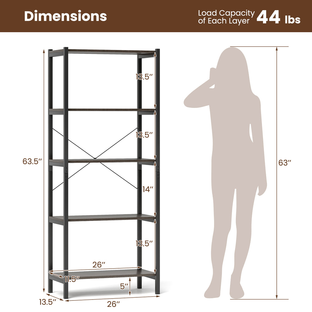 5-tier industrial bookshelf with gray metal frame, measuring 63.5" tall, ideal for living room or office storage.