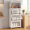 5-tier kitchen baker's rack in white with flip-up PC doors, offering ample storage and mobility with universal casters.