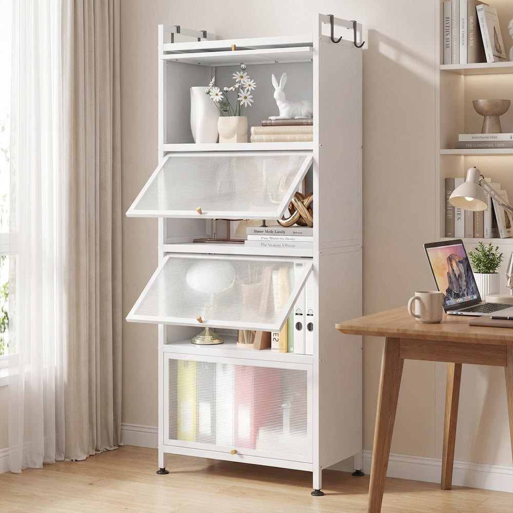 5-tier kitchen baker's rack in white with flip-up PC doors, offering ample storage and easy mobility with casters.