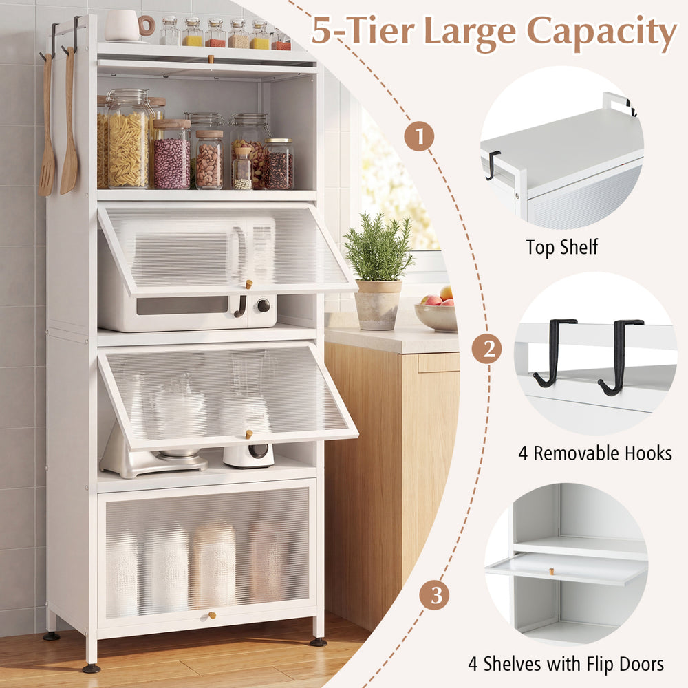 5-tier kitchen baker's rack in white with flip-up PC doors, featuring a spacious design, removable hooks, and a raised.