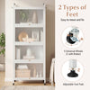 5-tier kitchen baker's rack in white with flip-up PC doors, featuring adjustable foot pads and wheels for easy mobility.