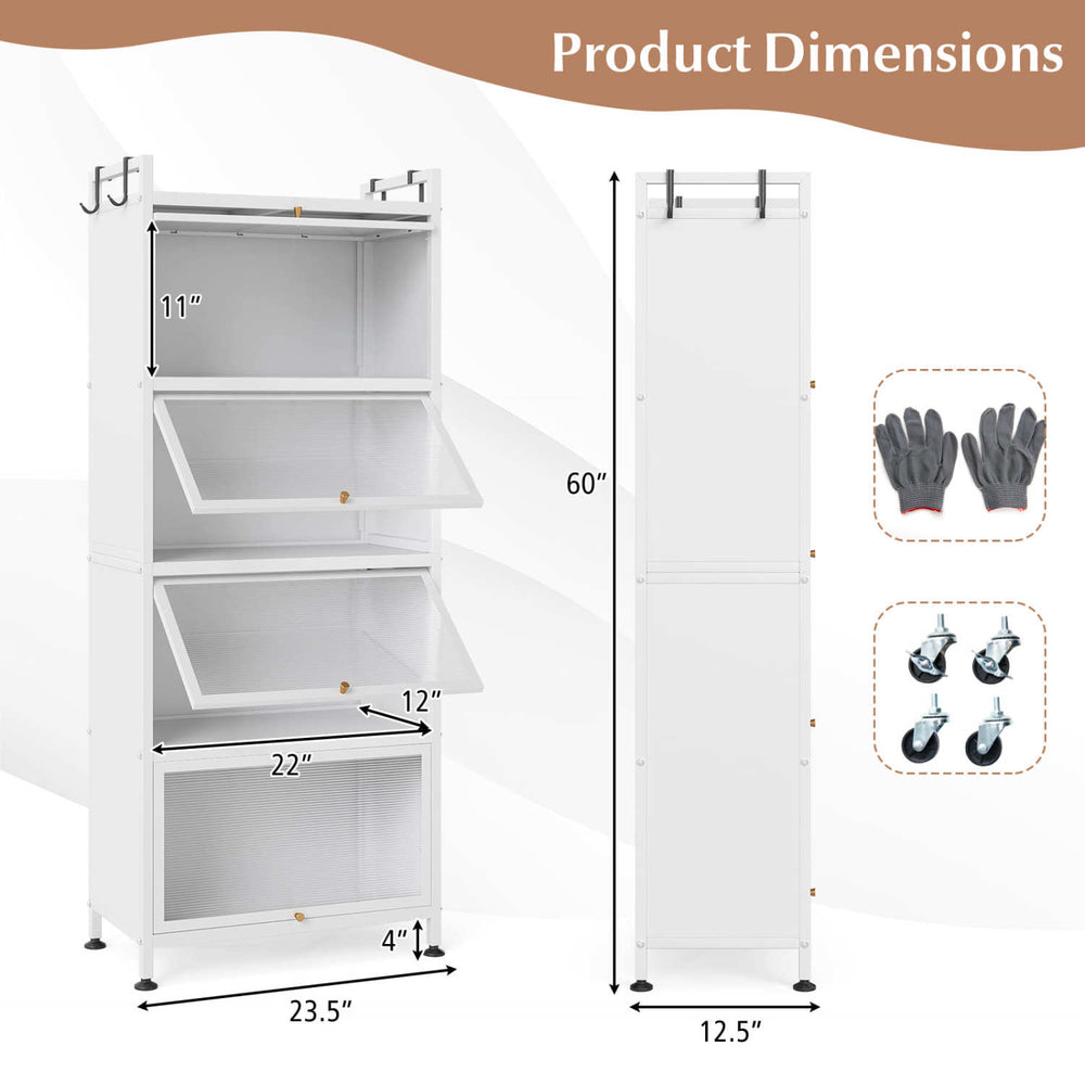 5-tier kitchen baker's rack with flip-up PC doors, white, featuring storage compartments and universal casters for.