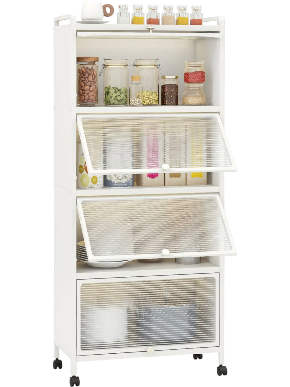 5-tier kitchen baker's rack in white with flip-up PC doors, offering ample storage and mobility on casters for easy use.