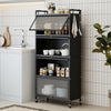 5-tier black kitchen storage cabinet with adjustable feet, rolling wheels, and fluted decoration for ample organization.