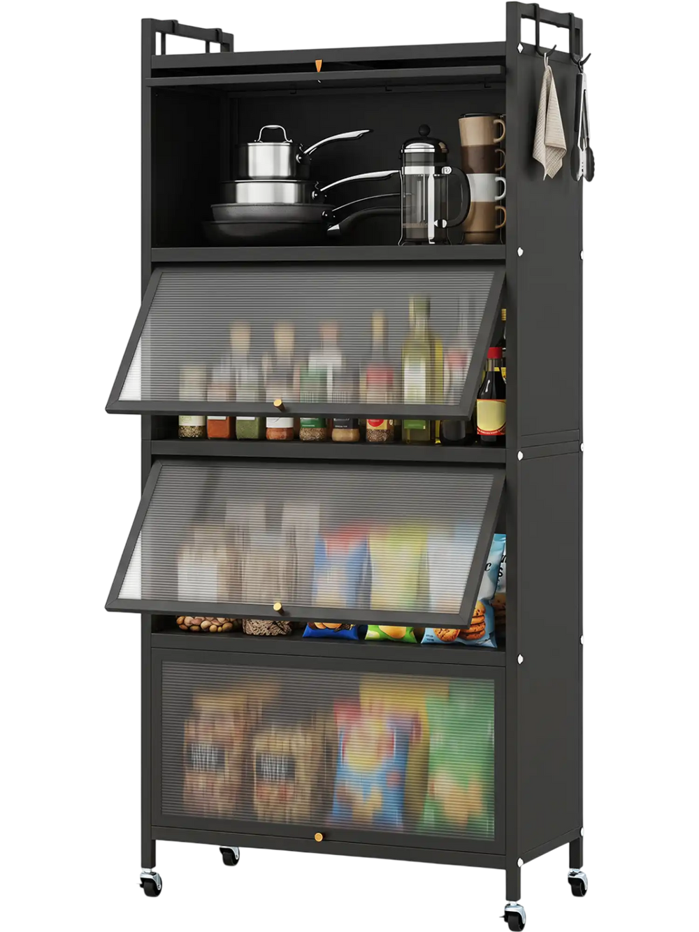 5-tier black kitchen storage cabinet with 4 flip-up doors, rolling wheels, and hooks for convenient organization.