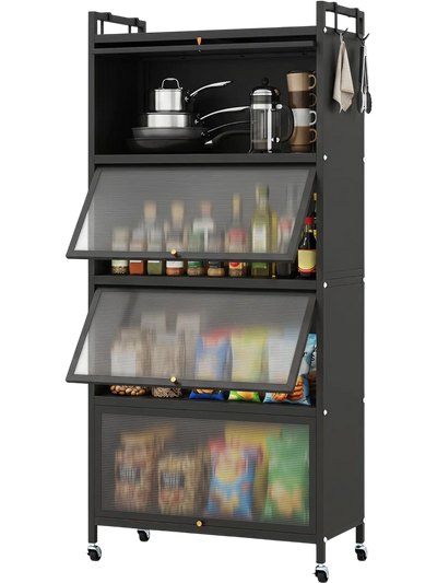 Costway 5-Tier Kitchen Storage Cabinet w/ 4 Flip-Up PC Doors Rolling Wheels 86131407 New