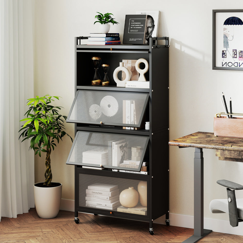 5-tier black kitchen storage cabinet showcasing fluted decoration and anti-falling guardrails for secure item display.