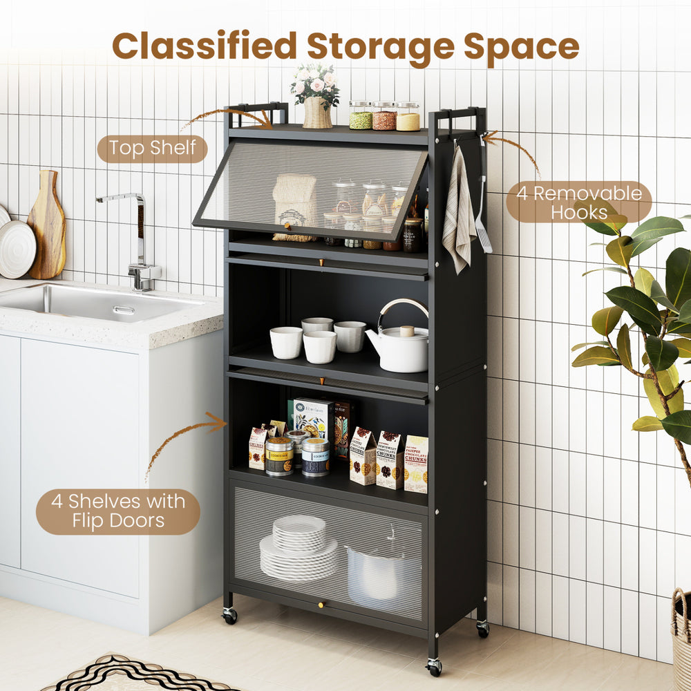 5-tier black kitchen storage cabinet with 4 flip-up doors, adjustable feet, and rolling wheels for versatile organization.