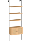 5-tier ladder bookcase with natural wood shelves and rattan cabinet, ideal for organizing books and decor in any room.