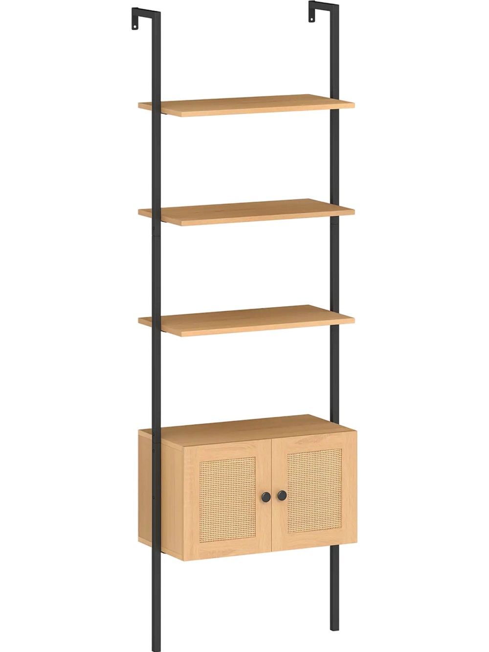 5-tier ladder bookcase with natural wood shelves and rattan cabinet, ideal for organizing books and decor in any room.