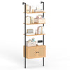5-tier ladder bookcase with a natural finish, featuring a rattan-door cabinet for stylish storage in any living space.