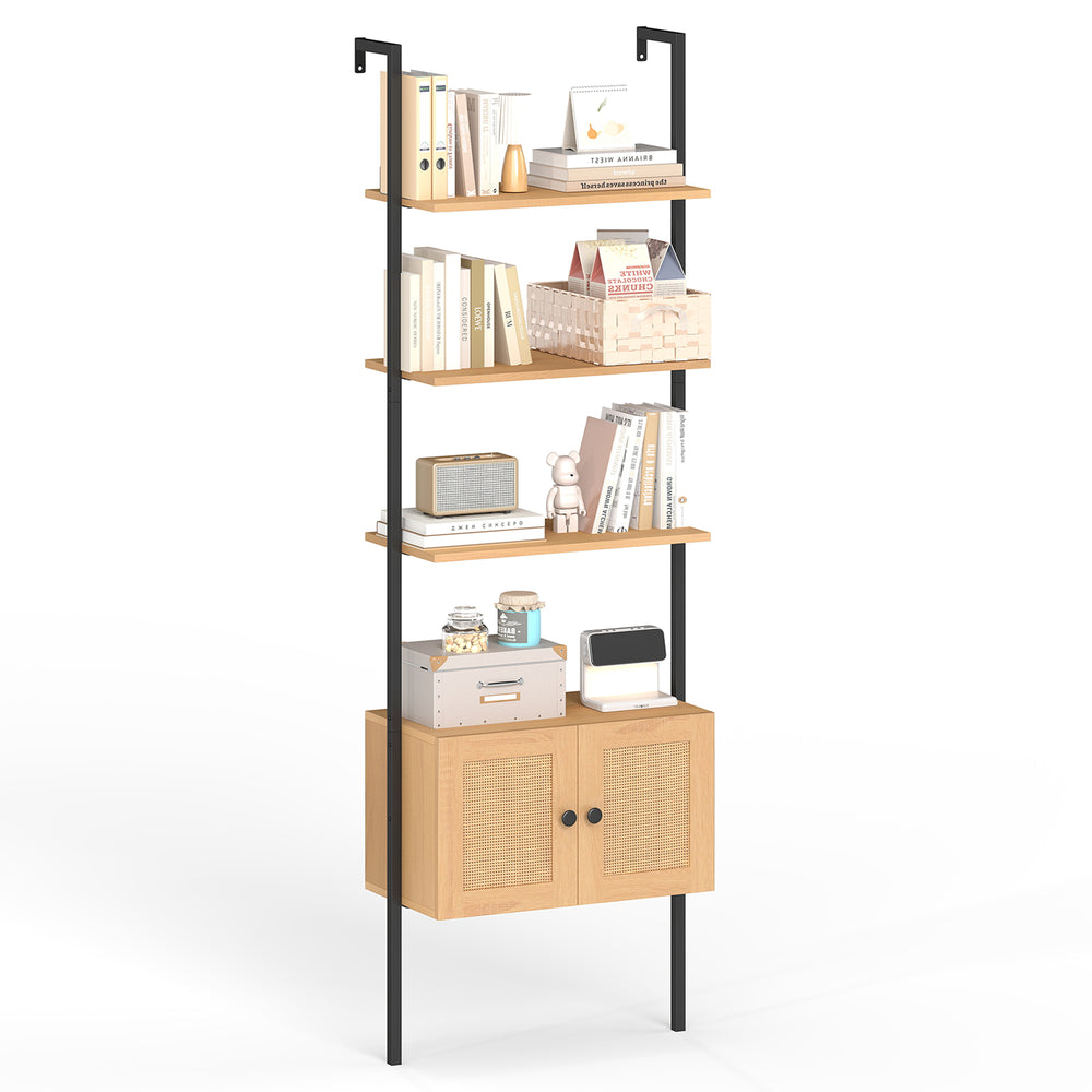 5-tier ladder bookcase with a natural finish, featuring a rattan-door cabinet for stylish storage in any living space.
