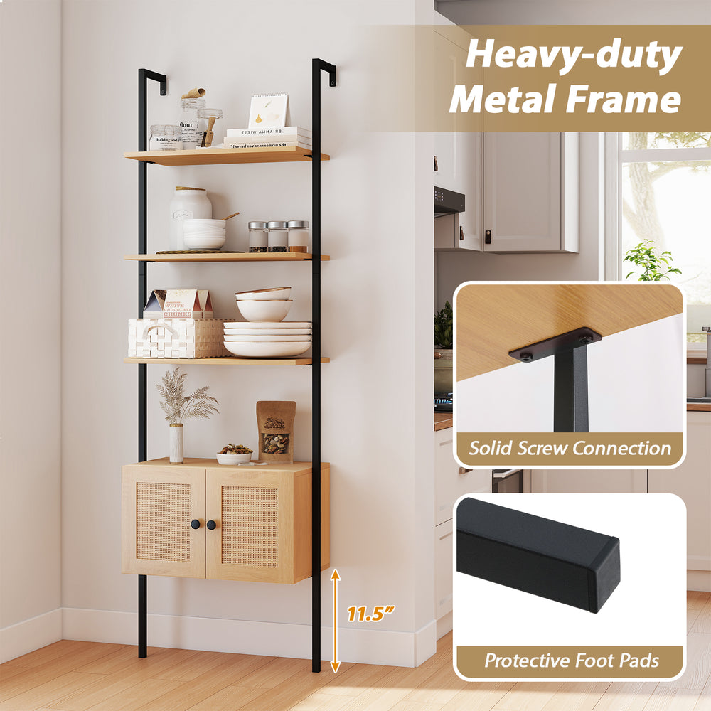 5-tier ladder bookcase with rattan cabinet and heavy-duty metal frame, ideal for organizing books and decor in any room.
