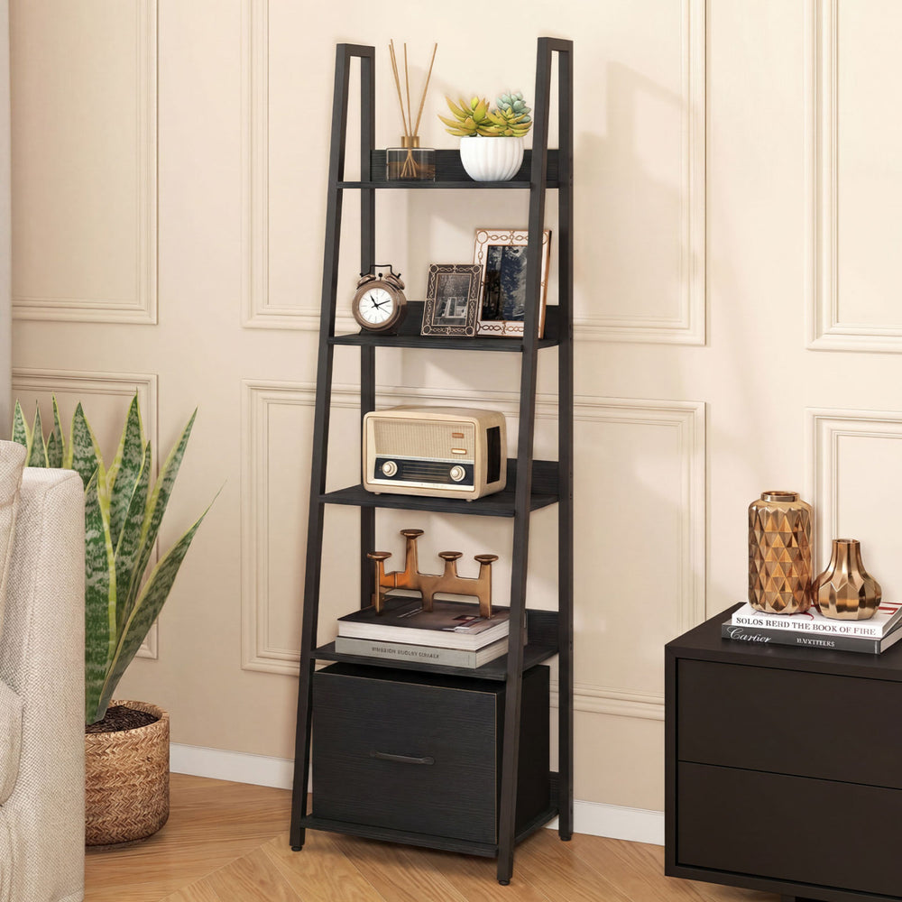 5-Tier Ladder Bookshelf with Fabric Drawer for Living Room and Home Office-Black - Gallery View 1 of 9