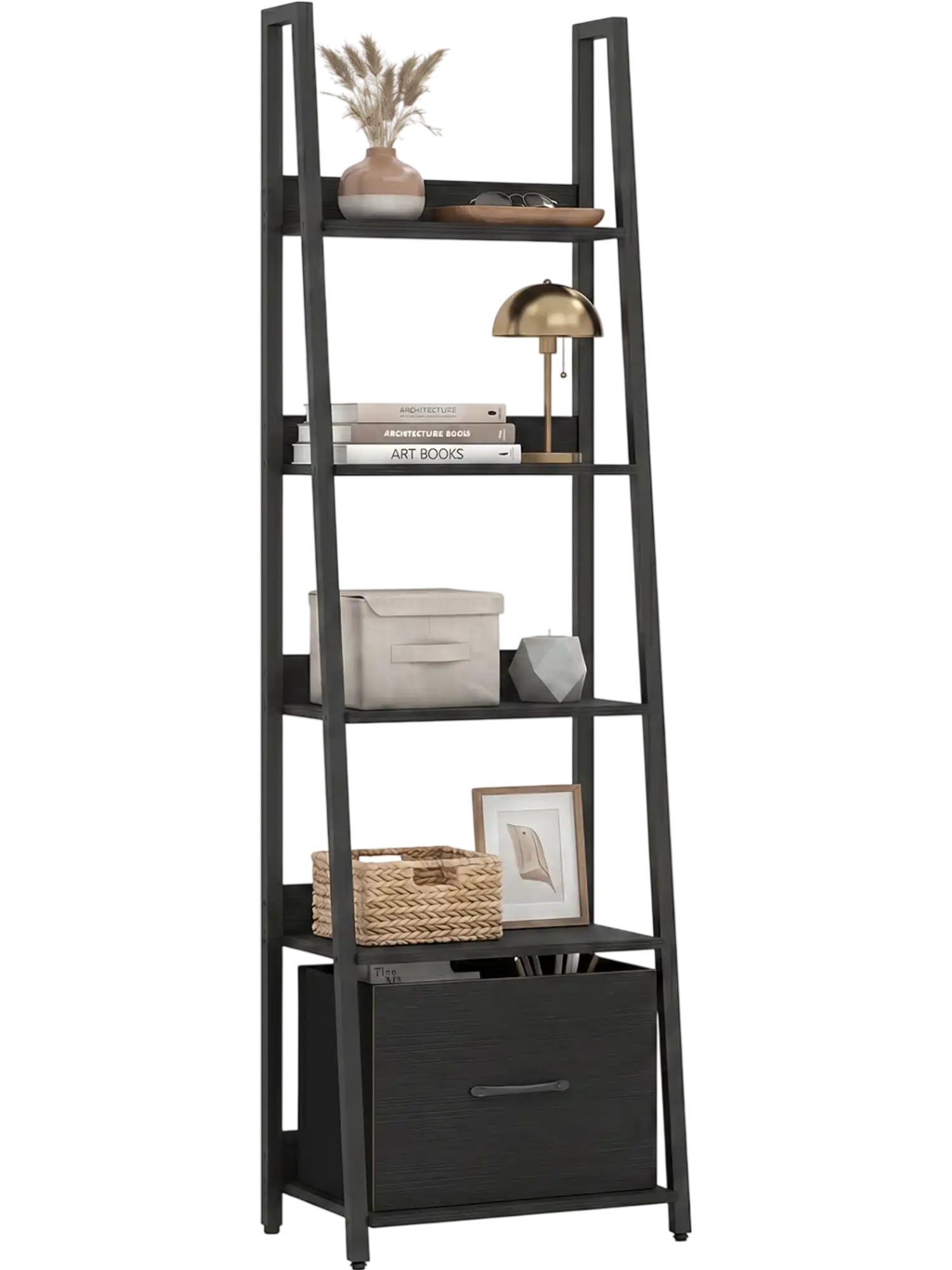 Costway 5-Tier Ladder Bookshelf with Fabric Drawer 86052325 New