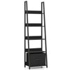 5-tier ladder bookshelf in black with a fabric drawer, perfect for stylish storage in living rooms or home offices.