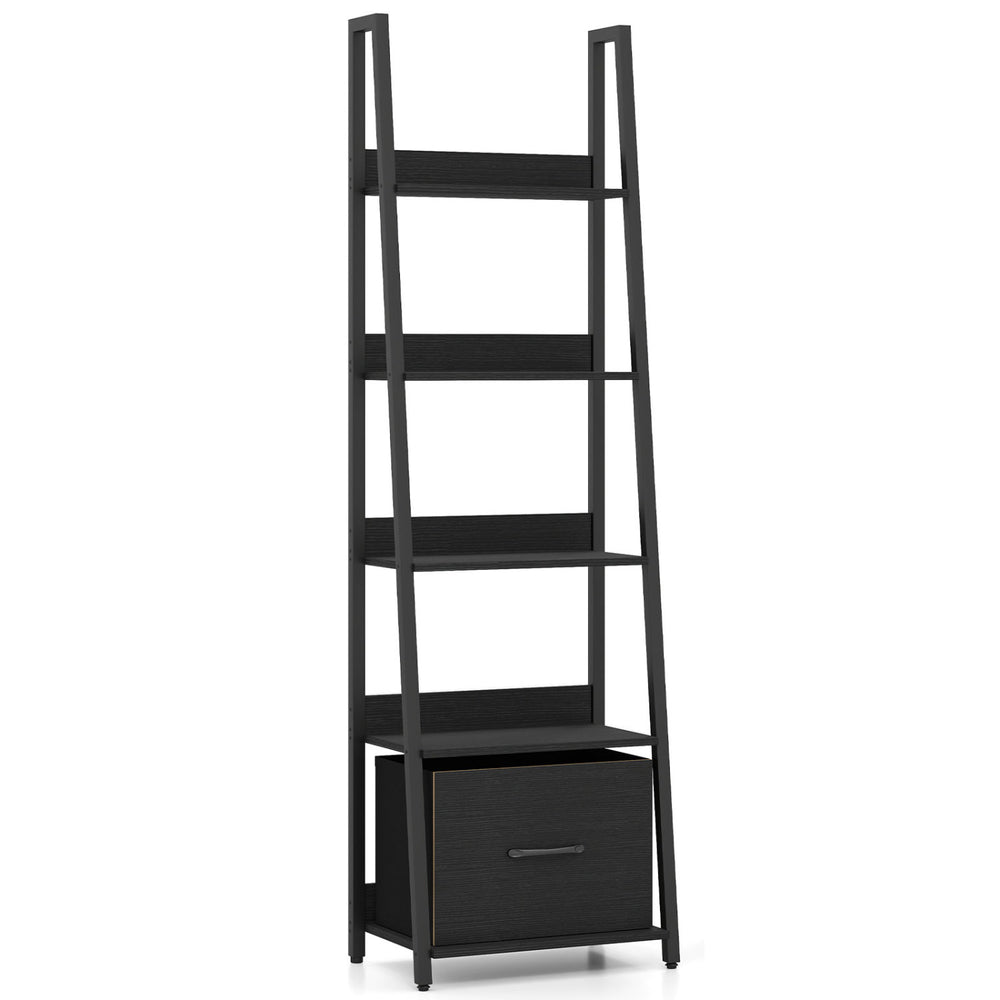 5-tier ladder bookshelf in black with a fabric drawer, perfect for stylish storage in living rooms or home offices.