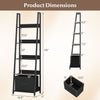 5-tier ladder bookshelf in black with a fabric drawer, featuring dimensions for living room or home office use.