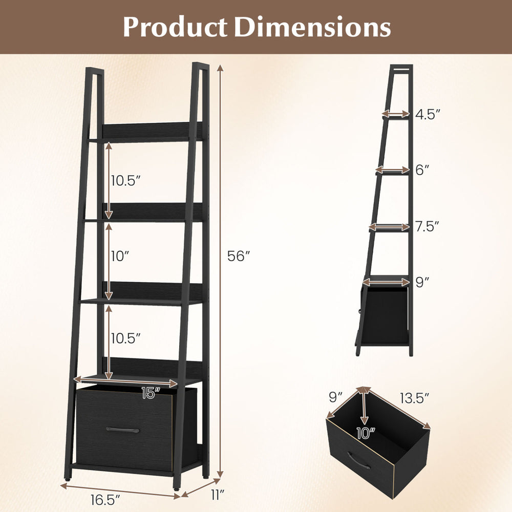 5-tier ladder bookshelf in black with a fabric drawer, featuring dimensions for living room or home office use.