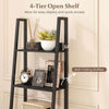 4-tier black ladder bookshelf with anti-falling baffles and fabric drawer for stylish storage in living room or home.
