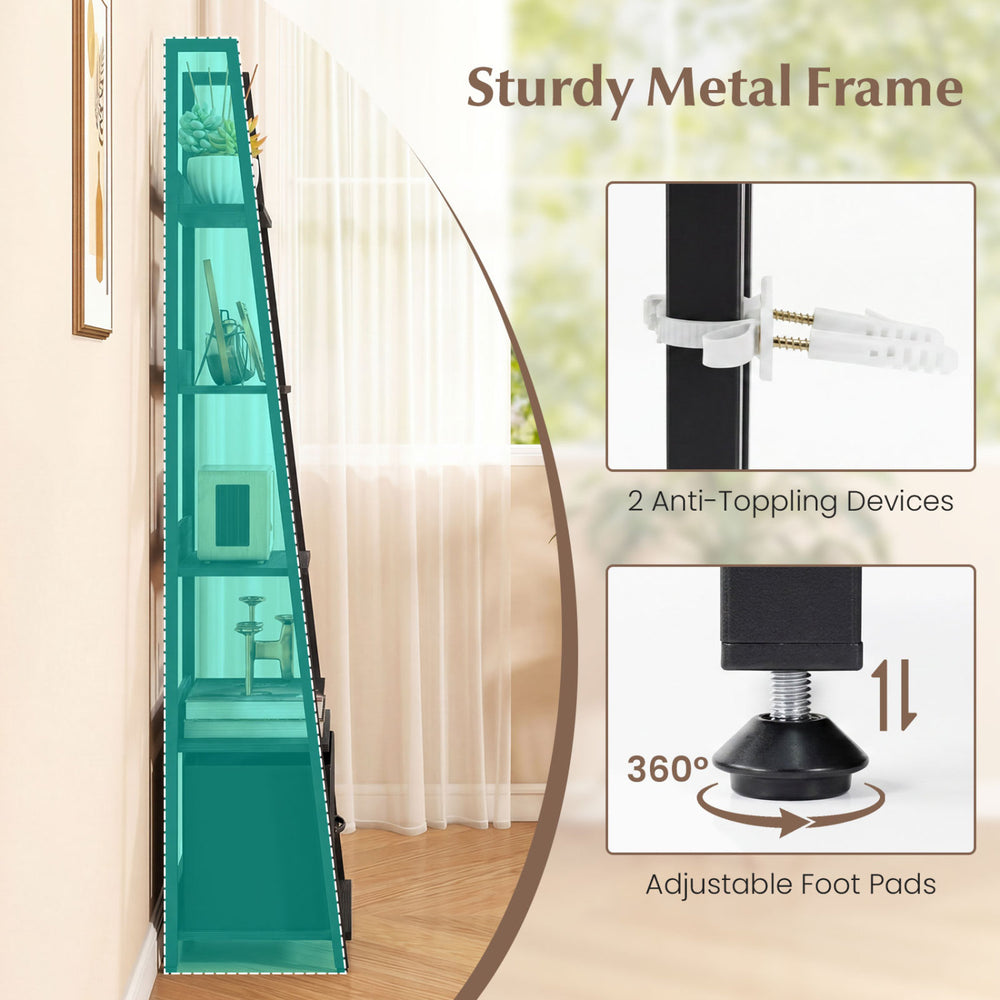5-tier ladder bookshelf in black with fabric drawer, sturdy metal frame, and adjustable foot pads for home office use.