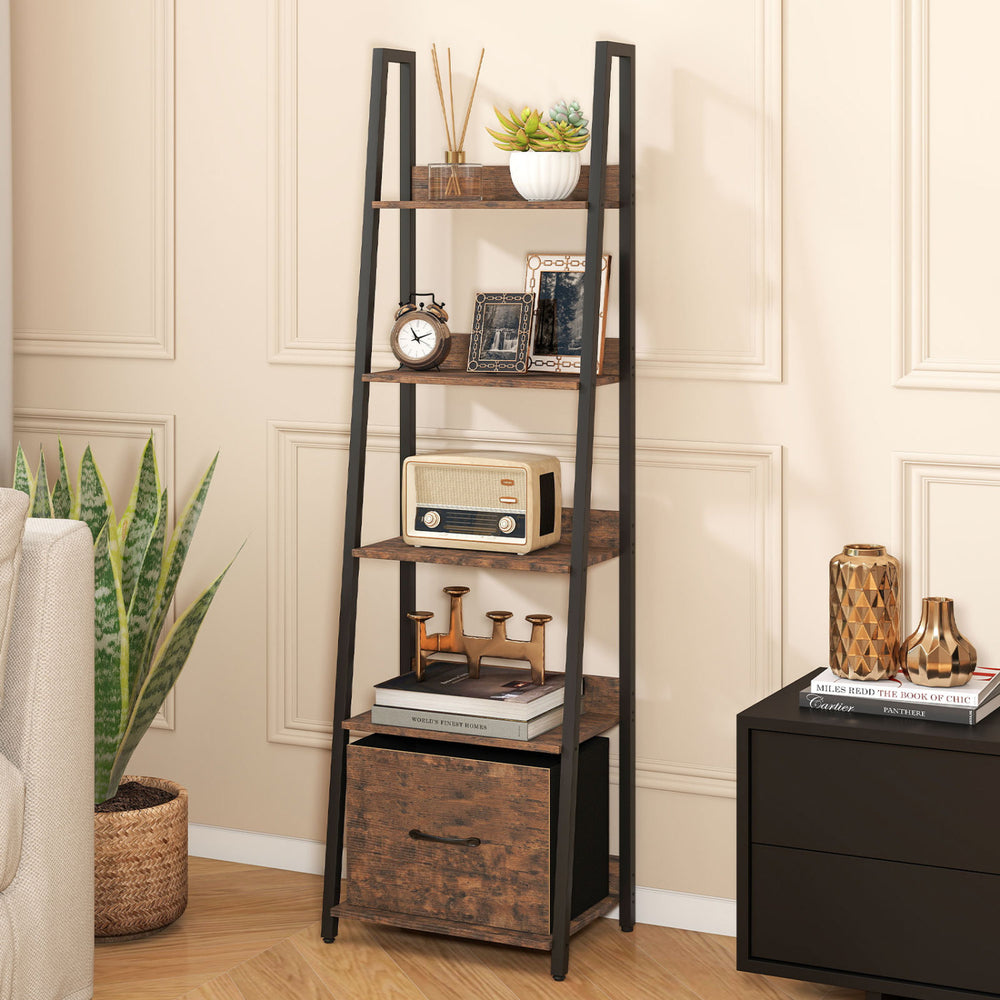 5-Tier Ladder Bookshelf with Fabric Drawer for Living Room and Home Office-Rustic Brown - Gallery View 1 of 9