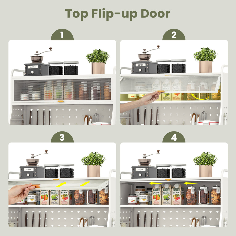 Top view of the 5-tier metal baker's rack with a see-through flip-up door for easy access to kitchen items.