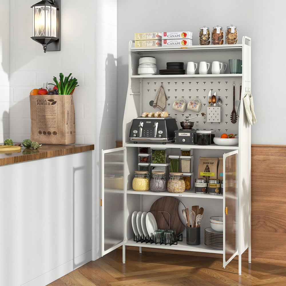 5-tier white metal baker's rack with see-through flip-up door, pegboard, and adjustable shelves for kitchen.