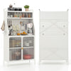 5-tier metal baker's rack in white with adjustable shelves, see-through doors, and pegboard for organized kitchen.