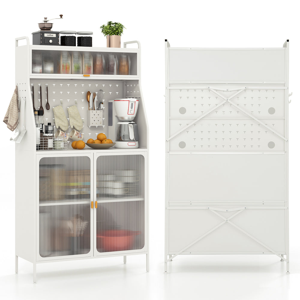 5-tier metal baker's rack in white with adjustable shelves, see-through doors, and pegboard for organized kitchen.