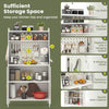 5-tier white metal baker's rack with flip-up door, pegboard, and adjustable shelves for organized kitchen storage.
