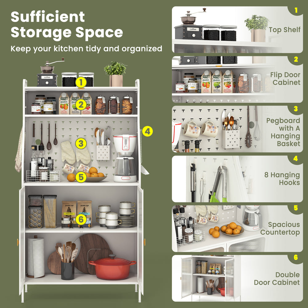 5-tier white metal baker's rack with flip-up door, pegboard, and adjustable shelves for organized kitchen storage.