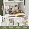5-tier white metal baker's rack with pegboard, adjustable shelves, and see-through flip-up door for organized kitchen.