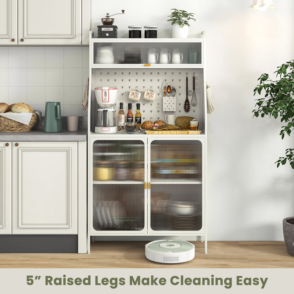 5-tier metal baker's rack in white with see-through doors and pegboard, ideal for organized kitchen storage.