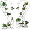 Heart-shaped 5 tier metal plant stand in white, featuring hanging hooks and ample space for multiple flower pots.